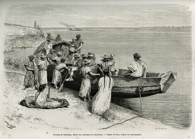 Starten på gummiforskere, i nærheten av Tabatinga (øvre Amazonas-regionen). Gravering av Riou, for å illustrere historien om Cayenne aux Andes, av Jules Crevaux, lege for den franske marinen, i 1878-1879, publisert i Tour du monde, under regi av Edouard Riou