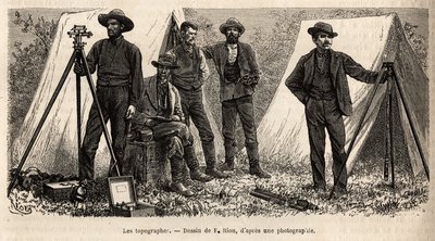 Teamet av topografer med sitt materiale, fra det amerikanske geologiske oppdraget, gravert etter tegningen av F.Riou, som illustrerer et sett med geografiske oppdrag gjennom USAs nasjonalpark, fra 1870 til 1872, av herrene Hayden, Doane og Langf av Edouard Riou