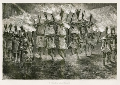 Fakkelturen gjennom gatene i San Jose, tegnet av E.Riou, for å illustrere reisen i Titicaca-regionen og dalene øst i Nedre Peru, i 1873 av Paul Marcoy. Gravering i Le tour du monde av Edouard Riou