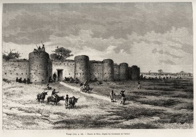 Byen Tiong-Gi (Tiong Gi, Mali), med sine festningsverk og leirtårn. Gravering av Riou, for å illustrere historien "" Fra Niger til Guineebukta"" av kaptein Louis Gustave Binger (1856-1936), i 1887-1889, i Le tour du monde, nouveau journal av Edouard Riou