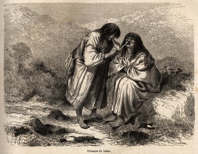 Tobakksauksjoner, sminke i henhold til tradisjonen til Antis-stammen (Peru), tegning av Riou, illustrerer Paul Marcoys reise fra Stillehavet til Atlanterhavet fra 1848 til 1860. Gravering i “” Le tour du monde””, redigert av Edouard av Edouard Riou