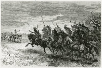 Tobas-indianere (fra Chaco-regionen, mellom Paraguay og Bolivia) nekter å gå over til kolonnen til Thouar-ekspedisjonen. Gravering av Riou, for å illustrere historien "" På leting etter restene av Crevaux-oppdraget", i 1884, av A.Thouar (1853- disapp) av Edouard Riou