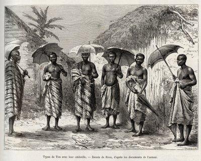 Tone type med deres paraply. Gravering av Riou, for å illustrere historien "" Fra Niger til Guineebukta"" av kaptein Louis Gustave Binger (1856-1936), i 1887-1889, i Le tour du monde, nouveau journal des voyages, under ledelse av Edouard Char av Edouard Riou