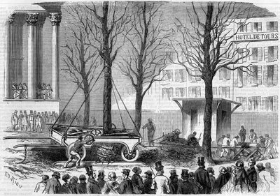 Transplantation of trees on Place de la Bourse in Paris during the winter of 1858. Engraving by Riou in “” Le Monde Illustré”” n°46 of 27 February 1858. av Edouard Riou