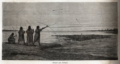 Skilpaddejakt, blant de indiske koniboene i Peru, tegning av Riou for å illustrere reisen, fra 1848 til 1860, til P. Marcoy, fra Stillehavet til Atlanterhavet. Gravering i "" Le tour du monde"", redigert av Edouard Charton av Edouard Riou