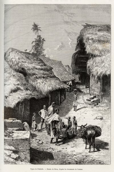 Typer Pakhala (Elfenbenskysten). Gravering av Riou, for å illustrere historien "" Fra Niger til Guineebukta"" av kaptein Louis Gustave Binger (1856-1936), i 1887-1889, i Le tour du monde, nouveau journal des voyages, under ledelse av Edouard Cha av Edouard Riou