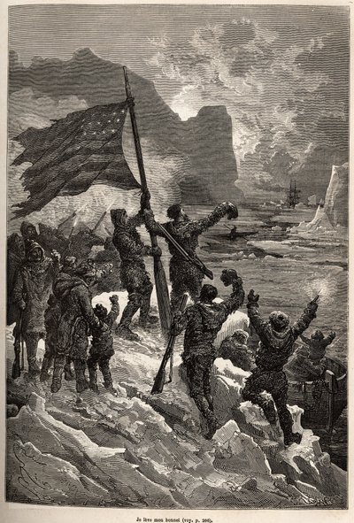 Tysons mannskap, etter flere dagers drift på et isfjell, så endelig en hvalfanger og viftet med det amerikanske flagget for å bli sett og reddet, gravert etter en tegning av E.Riou, som illustrerer historien om Polaris, isflåten, av løytnant Tyson, i 1870- av Edouard Riou