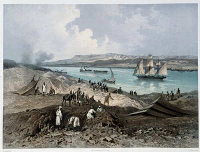 Utsikt over kanalen i "" Innvielse av Suez-kanalen av G. Nicole. 1869 av Edouard Riou