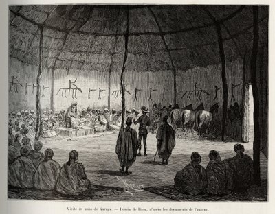 Besøk til Naba i Karaga (Ghana). Gravering av Riou, for å illustrere historien "" Fra Niger til Guineebukta"" av kaptein Louis Gustave Binger (1856-1936), i 1887-1889, i Le tour du monde, nouveau journal des voyages, under ledelse av Edouar av Edouard Riou
