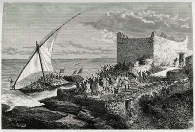 Med møkk fra reisende som kommer inn i havnen i Moguedouchou (Mogadishu), lager sjømenn en enorm racket for å tiltrekke seg folk som ønsker dem velkommen med rop av entusiasme. Gravering av Riou, for å illustrere historien "" Voyage chez les Benadir, les s av Edouard Riou
