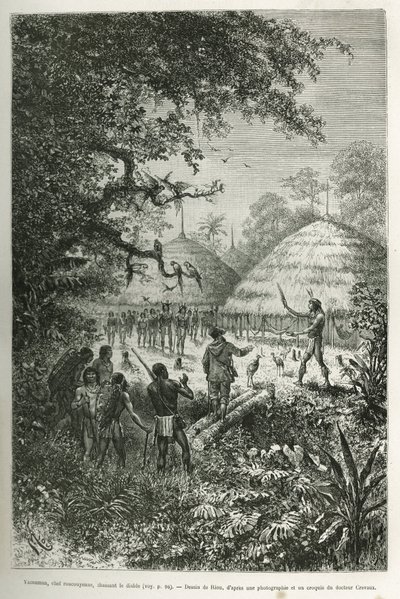 Yacouman, Roucouyenne-høvding, stammen av Guiana ved bredden av Oyapock, jager djevelen, han går gjennom landsbyen etter fødselen av et barn, drysser en melkehvit væske med en fjærbørste, graverer etter en tegning av Riou, for å illustrere de av Edouard Riou