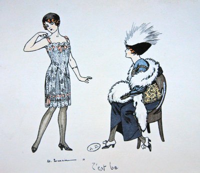 Mannequin viser en lapp til en klient, ca. 1912 (farge litho) av Edouard Touraine