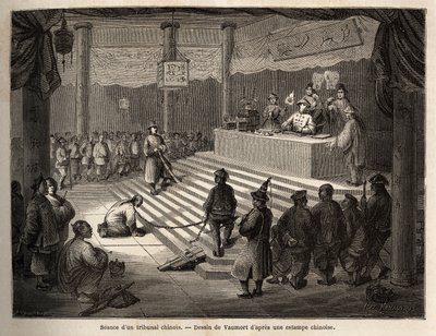 En kinesisk domstol, den siktede dukker opp ved retten omgitt av en gendarme som holder ham lenket og slakteren hans, tegning av Vaumort (? -1886), for å illustrere reisen fra Shanghai til Moskva, fra 1859 til 1862, til M. de Bourboulon. , fransk minister  av Edouard Vaumort