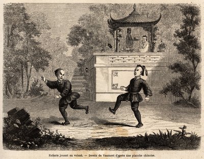 Kinesiske barn som leker ved rattet (skinnkule, tungmetallringer og implanterte 3 lange fjær), under tilsyn av moren, tegning av Vaumort (? -1886), for å illustrere reisen fra Shanghai til Moskva, fra 1859 til 1862, av M. de Bourb av Edouard Vaumort