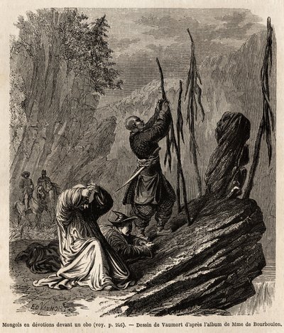 Mongoler i hengivenhet til en obo, nær Bakka- og Mongolia-fjellene, tegning av Vaumort (? -1886) for å illustrere reisen fra Shanghai til Moskva, fra 1859 til 1862, til M. de Bourboulon, fransk minister til Kina. Gravering i "" Le tour du monde&q av Edouard Vaumort