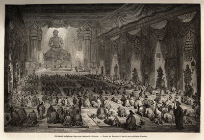 Religiøs seremoni i et kinesisk lamasserie, tegnet av Vaumort (? -1886), for å illustrere reisen fra Shanghai til Moskva, fra 1859 til 1862, til M. de Bourboulon, fransk minister i Kina. Gravering i "" Le tour du monde"", redigert av Edouard Charton av Edouard Vaumort