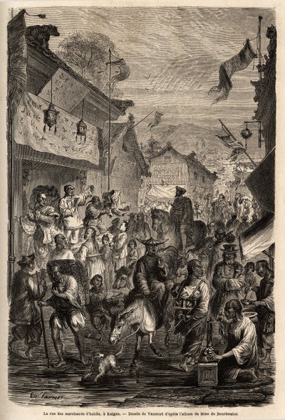 Gaten med kleshandlere, Kalgan, Mongolia. Tegning av Vaumort (? -1886), for å illustrere reisen fra Shanghai til Moskva, fra 1859 til 1862, til M. de Bourboulon, fransk minister til Kina. Gravering i "" Le tour du monde"", redigert av Edouard Chart av Edouard Vaumort