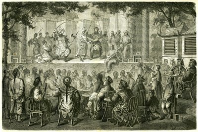 Utsikt over en representasjon av Opera de Pekin (Beijing), Kina, etter reisehistorien til Madame de Bourboulon. Gravering etter en tegning av Vaumort, i "" Le Tour du Monde, Nouveau journal des Voyages", redigert av Edouard Charton, Paris av Edouard Vaumort
