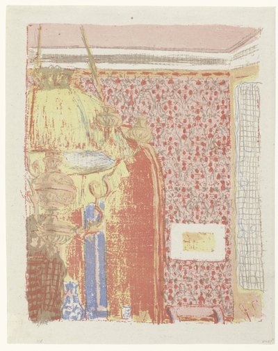 Interiør setter roze behang i lampen Interiør med rosa gardiner Landskap i interiør (serietittel) Landskap og interiør (serietittel) av Edouard Vuillard