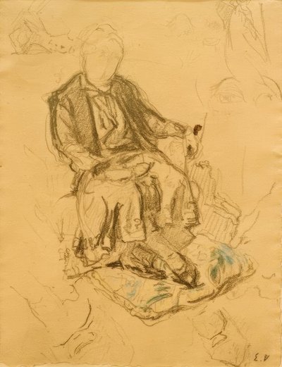Madame Bénard sitter, føttene hviler på en pute av Edouard Vuillard