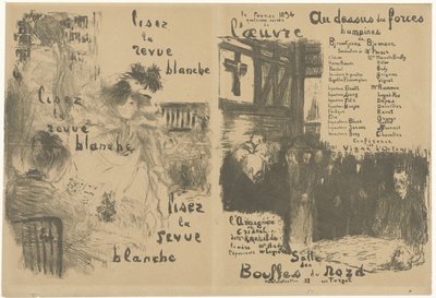 Omslagsprogramhefte med annonse for La Revue Blanche og kunngjøring av stykket Au-dessus des forces humaines Lisez la revue blanche Au-dessus des forces humaines av Edouard Vuillard