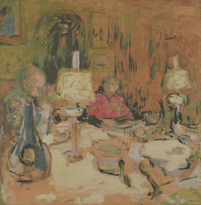 Middagen med to lamper, rue de Calais, 1913 (ditemper på brunt papir) av Edouard Vuillard