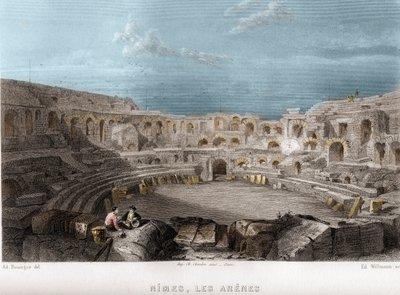 Arena of Nimes, Gard, Languedoc-Roussillon (Languedoc Roussillon), Frankrike. Gravering av Willmann i "Ancient and Modern France"" av Jean-Bernard Mary-Lafon (Jean Bernard Mary Lafon) av Edouard Willmann