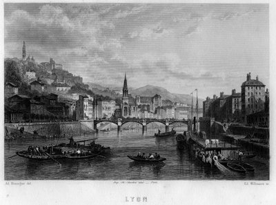 Utsikt over byen Lyon, Rhone-avdelingen, Rhone-Alpes-regionen, Frankrike. Gravering av Willmann i "La France ancienne et moderne"" av Jean-Bernard Mary-Lafon (Jean Bernard Mary Lafon) av Edouard Willmann