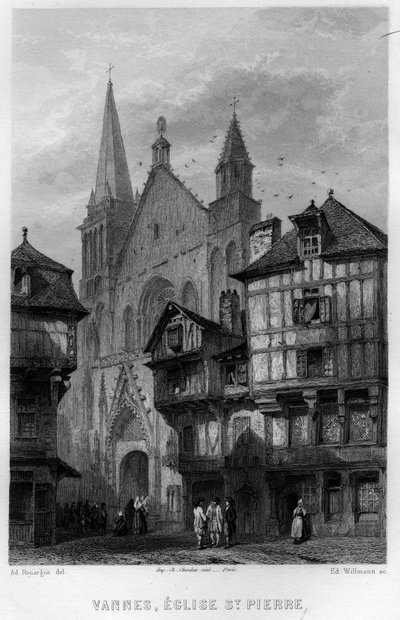 View of the city of Vannes and the Church of Saint Pierre, Morbihan, Brittany, France. Engraving by Willmann in “La France ancienne et moderne”” by Jean-Bernard Mary-Lafon (Jean Bernard Mary Lafon) av Edouard Willmann