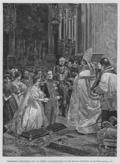 Religiøs seremoni for bryllupet til Ferdinand II med Maria Cristina av Savoy (gravering) av Edouardo Matania