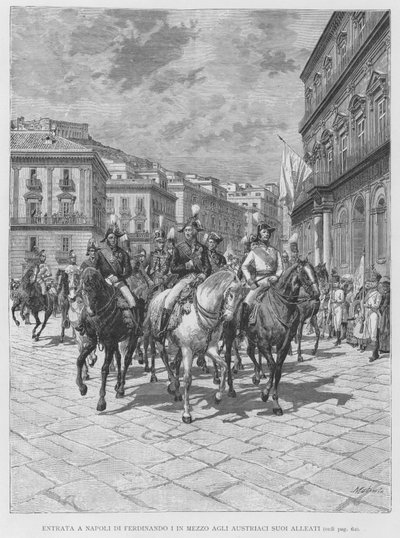 Innreise til Napoli av Ferdinand I midt blant hans østerrikske allierte (gravering) av Edouardo Matania