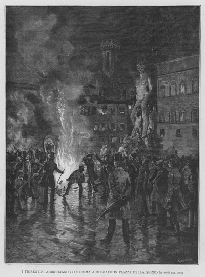 Florentinerne Abbruciano Det østerrikske våpenskjoldet på Piazza Della Signoria (gravering) av Edouardo Matania