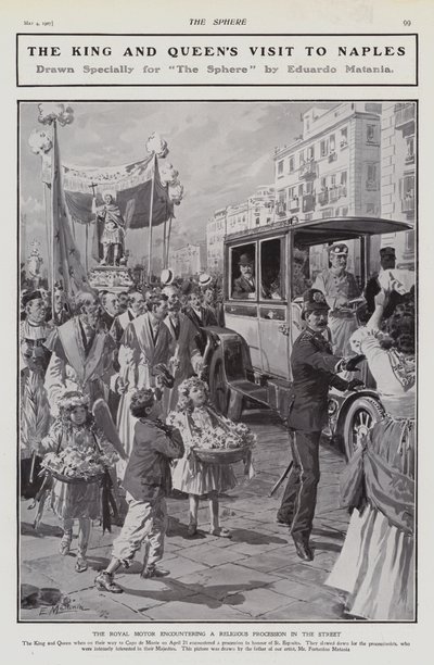 Kong Edward VII og dronning Alexandra møter en religiøs prosesjon på en gate under deres besøk i Napoli, Italia av Edouardo Matania