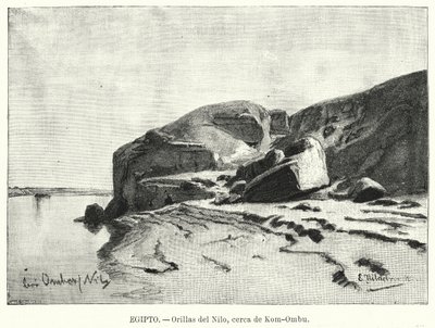 Nilens bredder nær Kom Ombo, Egypt (litho) av Eduard (after) Hildebrandt