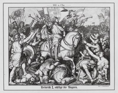 Henrik I, konge av Øst-Francia, beseirer ungarerne i slaget ved Riade, 933 (gravering) av Eduard Bendemann
