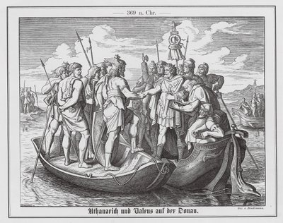Møte mellom den romerske keiseren Valens og den vestgotiske kongen Athanarik ved Donau, 369 (gravering) av Eduard Bendemann
