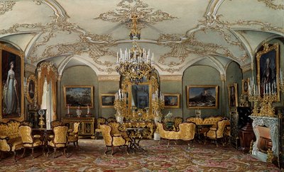 Utsikt over salongen til Alexandra Fyodorovna (Fedorovna eller Feodorovna eller Charlotte av Preussen (1798-1860)), kone til tsar Nicholas I ved Gatchina-palasset. Akvarell tilskrevet Eduard (Edouard) Hau (1807-1870) St. Petersburg fra 1800-tallet, Hermita av Eduard Hau