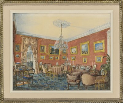 Utsikt over kunstnernes salong i byhuset hans ved Neva i St. Petersburg, 1859 av Eduard Hau