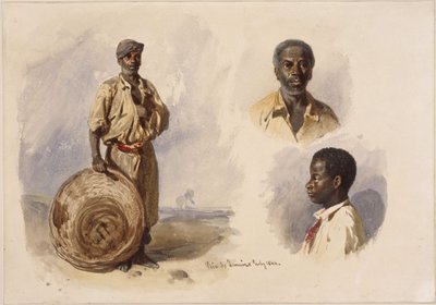 Tre portretter av afro-brasilianere: helfigur, stående med kurv, brystbilde av en mann sett forfra og et av en gutt i profil av Eduard Hildebrandt