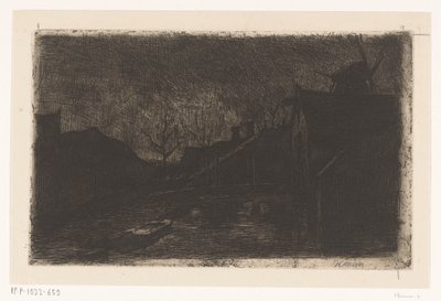 Landskap med hus og mølle om natten av Eduard Karsen (signed by artist)