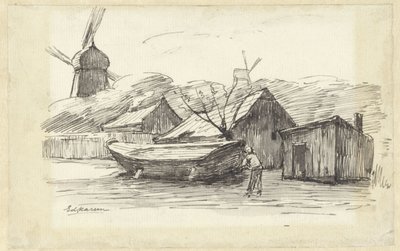 Båt, hus og vindmølle av Eduard Karsen