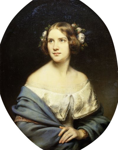 Portrett av Jenny Lind, stående halvlengs i en hvit kjole og et lyseblått sjal, av Eduard Magnus