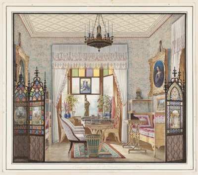Keiserinne Alexandra Feodorovnas stue, Cottage Palace, St. Petersburg, Russland av Eduard Petrovich Hau