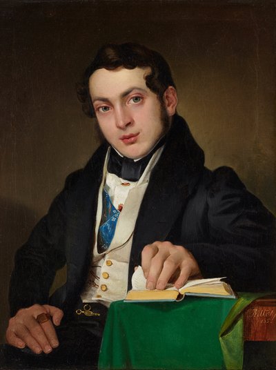Sittende ung mann i svart skjørt av Eduard Ritter