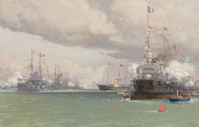 L"Entente Cordiale: The Royal Yacht Victoria & Albert III gjennomgår den anglo-franske flåten i Cowes Road, 1905 av Eduardo de Martino