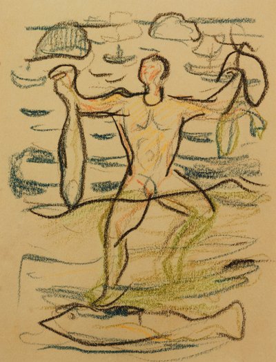 Bader med fisk, ca. 1915-20 (farget kritt) av Edvard Munch