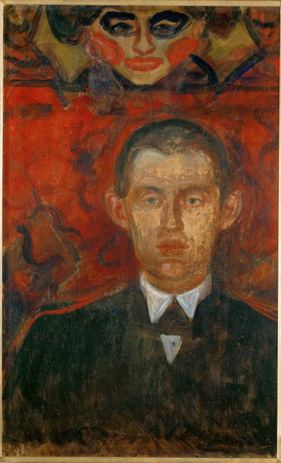 Edvard Munch, selvportrett med kvinnemaske (olje på tre) av Edvard Munch