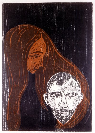 Hodet til en mann i håret til en kvinne av Edvard Munch