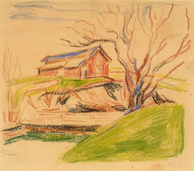 Huset på åsen (fargestift) av Edvard Munch