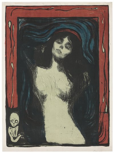 Madonna - Liebendes Weib, ca. 1895-1902 (litografi, trykt i svart, rødt, blått og jadegrønt på hvitt) av Edvard Munch